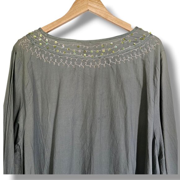 Junonia Tunic Top Size 4X Green Embroidered Cotton Sequins India Lightweight - Picture 7 of 11